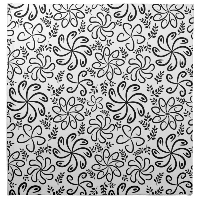 Whimsical Black White Spiral Floral Leaf Pattern Napkin (Front)