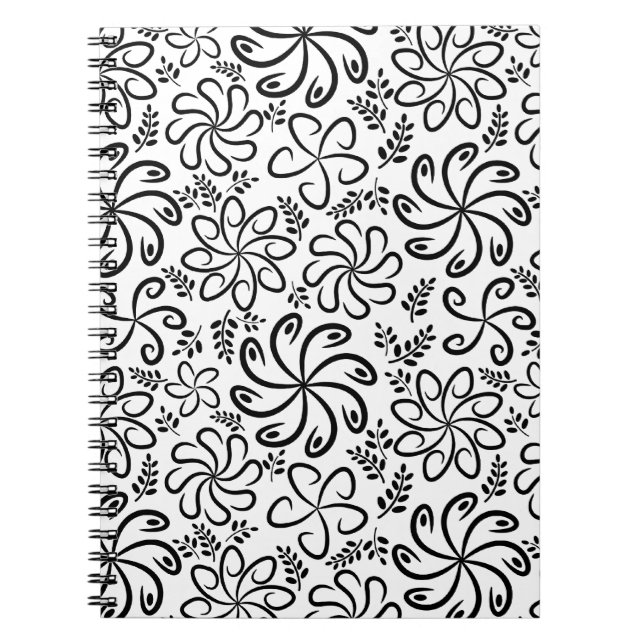 Whimsical Black White Spiral Floral Leaf Pattern Notebook (Front)