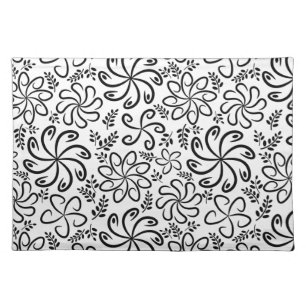 Whimsical Black White Spiral Floral Leaf Pattern Placemat