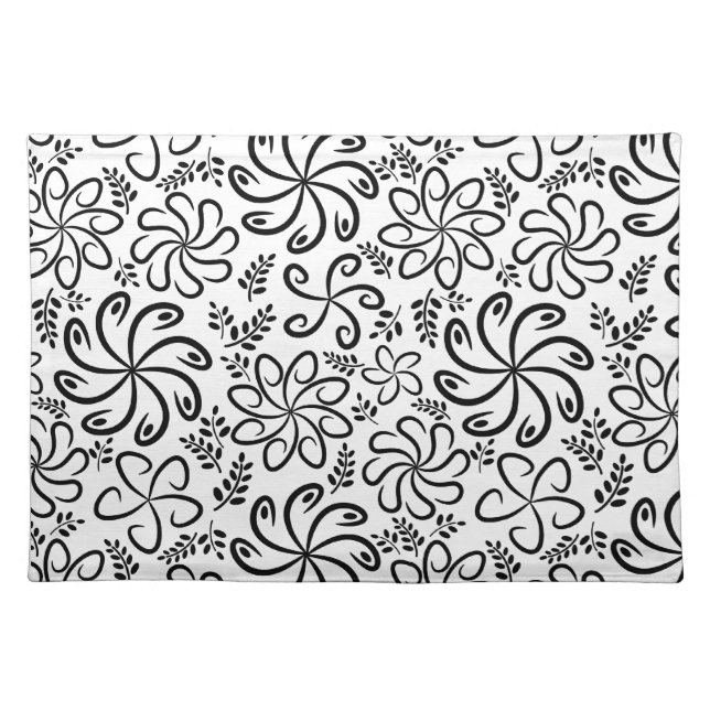 Whimsical Black White Spiral Floral Leaf Pattern Placemat (Front)