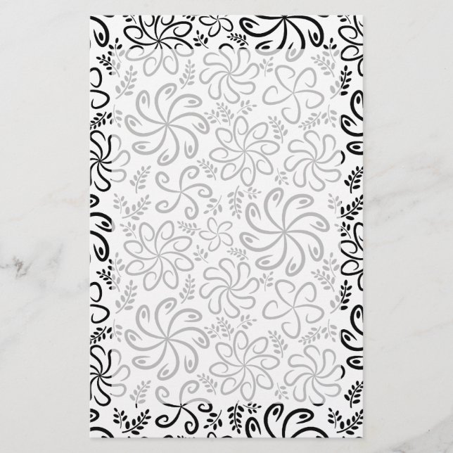 Whimsical Black White Spiral Floral Leaf Pattern Stationery (Front)