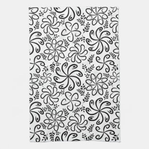Whimsical Black White Spiral Floral Leaf Pattern Towel