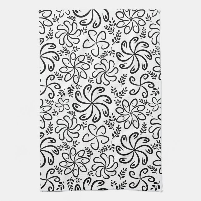 Whimsical Black White Spiral Floral Leaf Pattern Towel (Vertical)