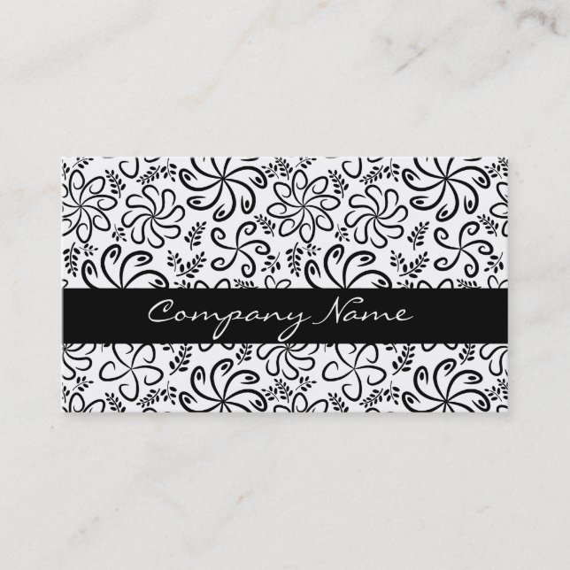 Whimsical Black White Spiral Floral Leafs Pattern Business Card (Front)