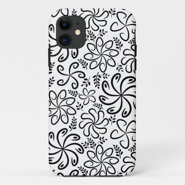 Whimsical Black White Spiral Floral Leafs Pattern Case-Mate iPhone Case (Back)