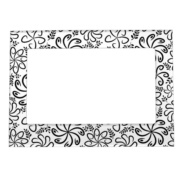 Whimsical Black White Spiral Floral Leafs Pattern Magnetic Frame (Front)