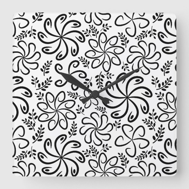 Whimsical Black White Spiral Floral Leafs Pattern Square Wall Clock (Front)