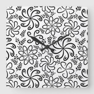 Whimsical Black White Spiral Floral Leafs Pattern Square Wall Clock