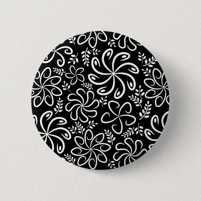 Whimsical Black White Spiral Flower Leafs Pattern Button (Front)