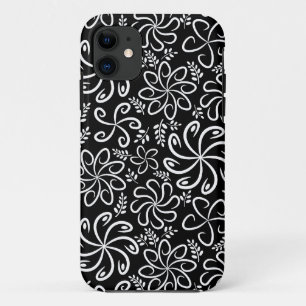Whimsical Black White Spiral Flower Leafs Pattern iPhone 11 Case