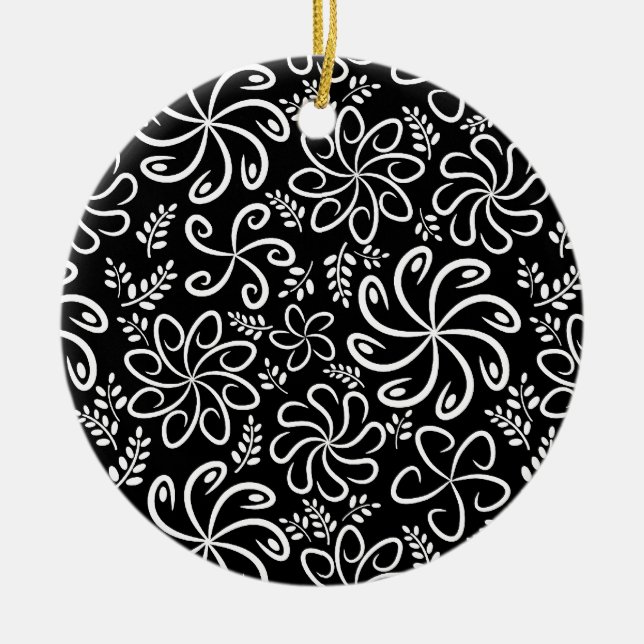 Whimsical Black White Spiral Flower Leafs Pattern Ceramic Ornament (Front)