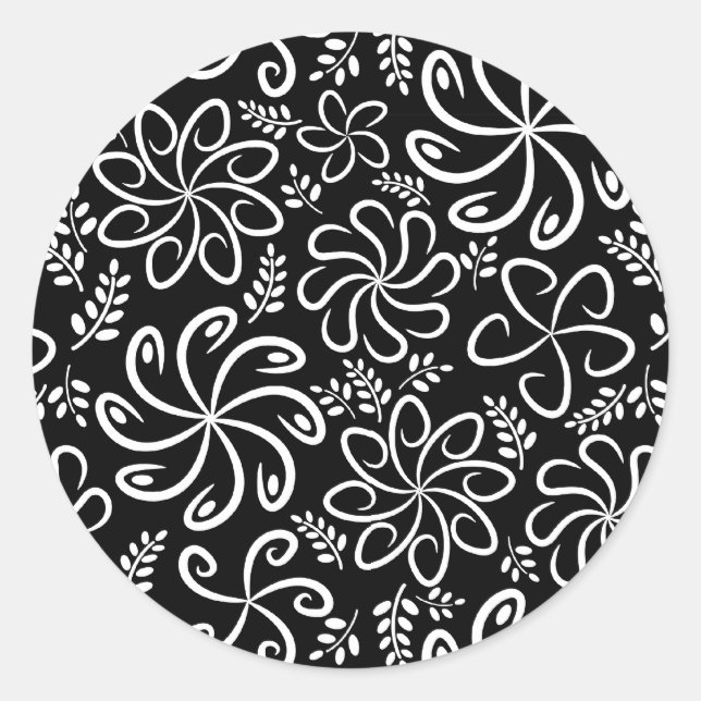 Whimsical Black White Spiral Flower Leafs Pattern Classic Round Sticker (Front)