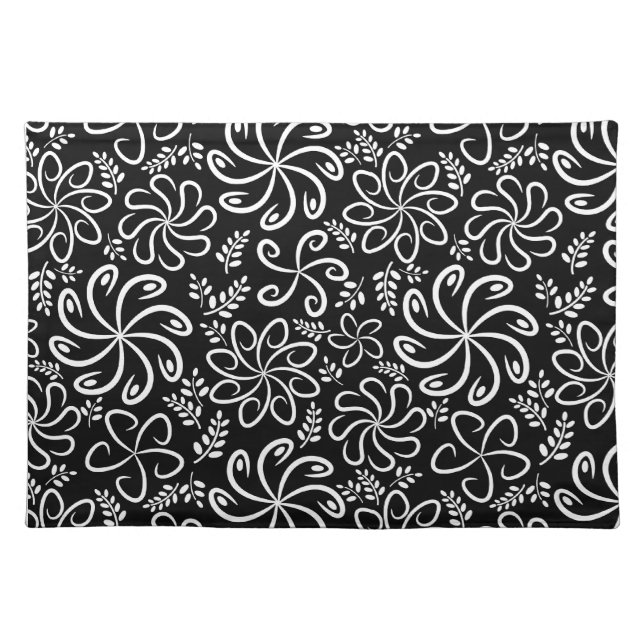 Whimsical Black White Spiral Flower Leafs Pattern Cloth Placemat (Front)