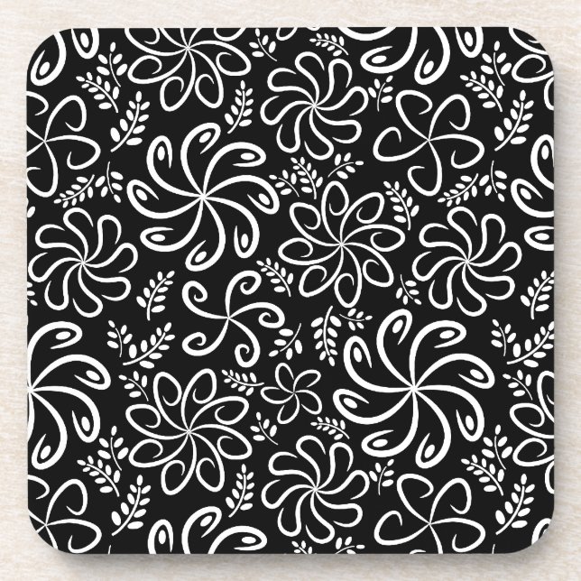 Whimsical Black White Spiral Flower Leafs Pattern Coaster (Front)