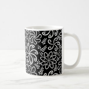 Whimsical Black White Spiral Flower Leafs Pattern Coffee Mug