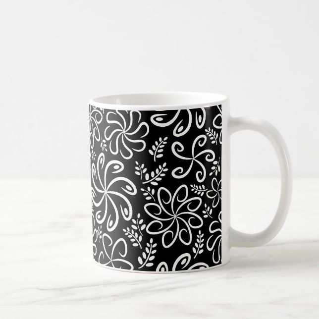 Whimsical Black White Spiral Flower Leafs Pattern Coffee Mug (Right)