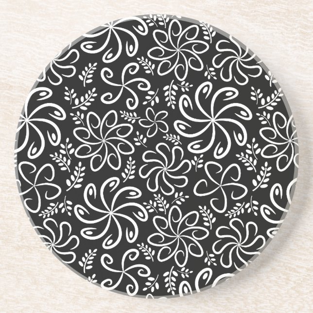Whimsical Black White Spiral Flower Leafs Pattern Drink Coaster (Front)