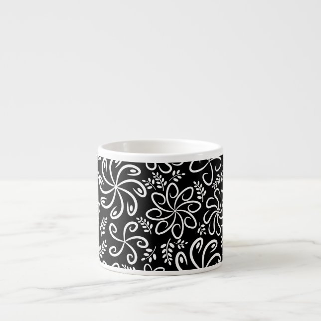 Whimsical Black White Spiral Flower Leafs Pattern Espresso Cup (Front)