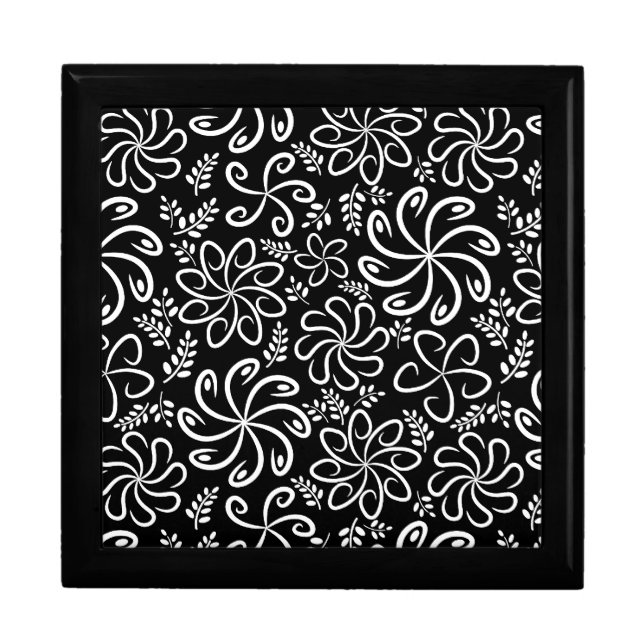 Whimsical Black White Spiral Flower Leafs Pattern Keepsake Box (Front)