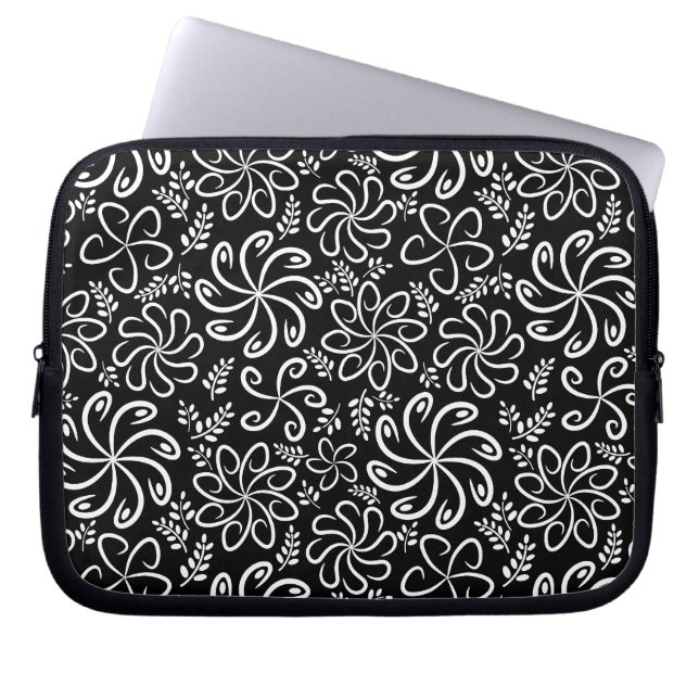 Whimsical Black White Spiral Flower Leafs Pattern Laptop Sleeve (Front)