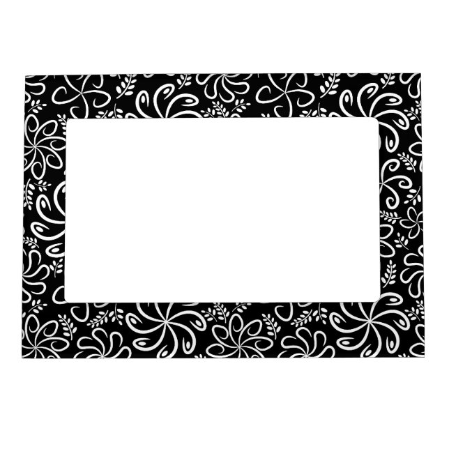 Whimsical Black White Spiral Flower Leafs Pattern Magnetic Photo Frame (Front)