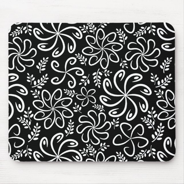 Whimsical Black White Spiral Flower Leafs Pattern Mouse Pad (Front)