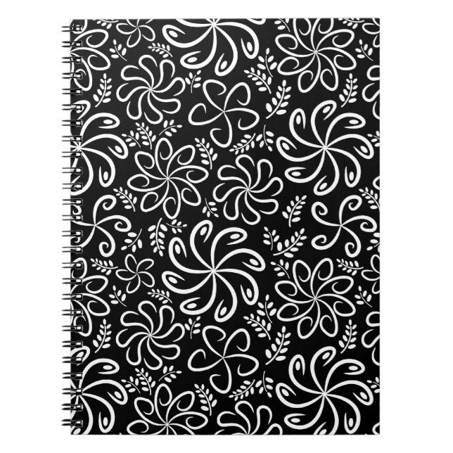 Whimsical Black White Spiral Flower Leafs Pattern Notebook (Front)