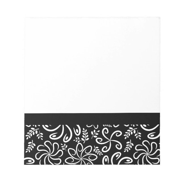 Whimsical Black White Spiral Flower Leafs Pattern Notepad (Front)