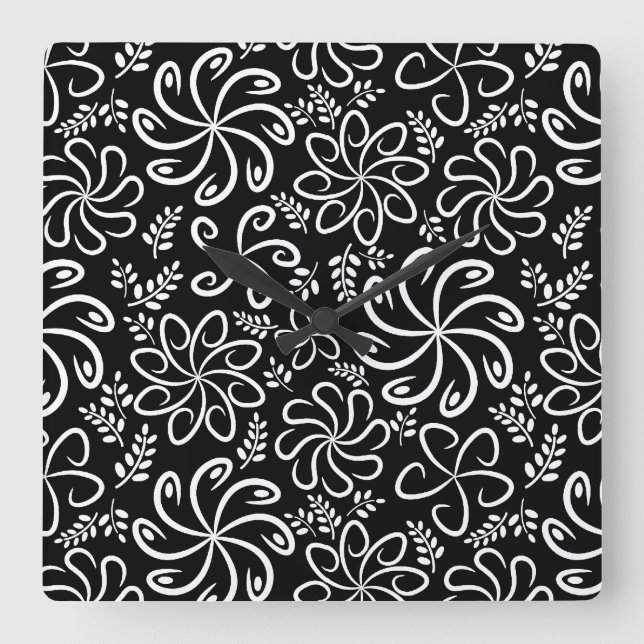 Whimsical Black White Spiral Flower Leafs Pattern Square Wall Clock (Front)