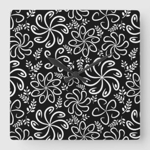 Whimsical Black White Spiral Flower Leafs Pattern Square Wall Clock