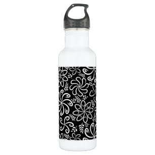 Whimsical Black White Spiral Flower Leafs Pattern Stainless Steel Water Bottle