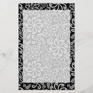 Whimsical Black White Spiral Flower Leafs Pattern Stationery