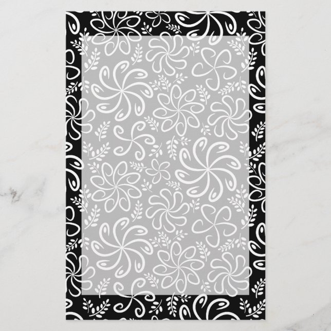 Whimsical Black White Spiral Flower Leafs Pattern Stationery (Front)