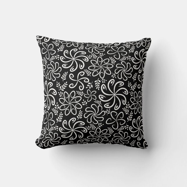 Whimsical Black White Spiral Flower Leafs Pattern Throw Pillow (Front)