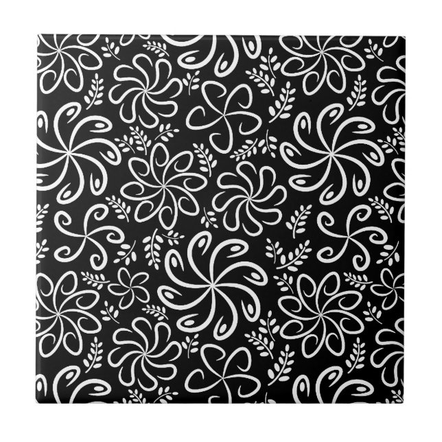 Whimsical Black White Spiral Flower Leafs Pattern Tile (Front)