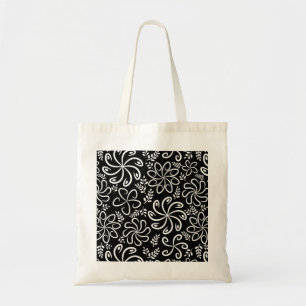 Whimsical Black White Spiral Flower Leafs Pattern Tote Bag