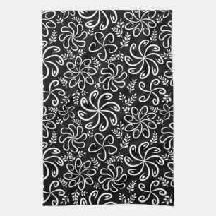 Whimsical Black White Spiral Flower Leafs Pattern Towel