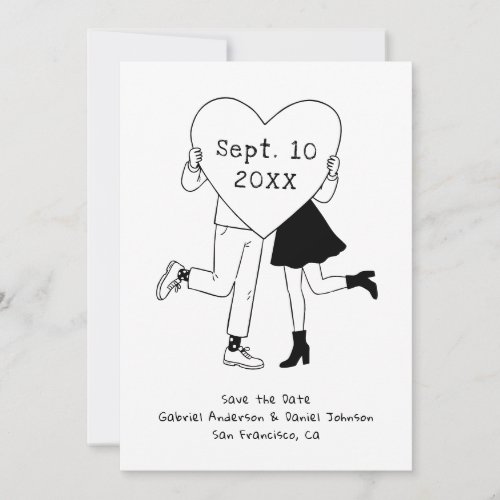 Whimsical Black & White Wedding. Hand Drawn Doodle Save The Date
