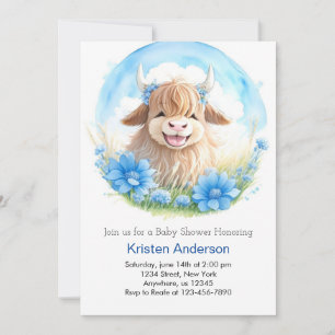 Whimsical Blissful Highland Cow Boy Baby Shower Invitation