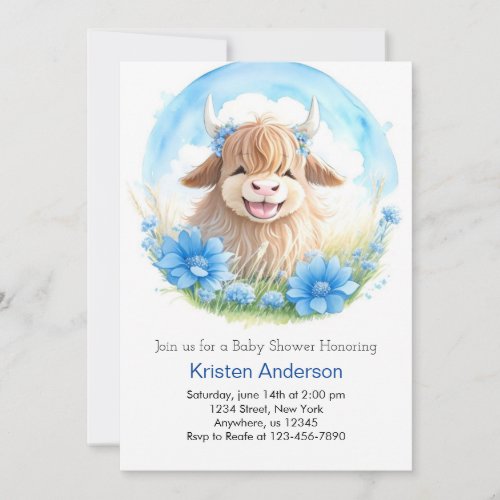 Whimsical Blissful Highland Cow Boy Baby Shower Invitation