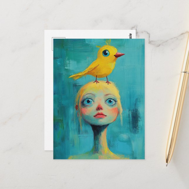 Whimsical Blond Woman with yellow bird on her head Postcard (Front/Back In Situ)