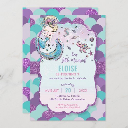 Whimsical Blonde Mermaid Birthday Party Purple Invitation