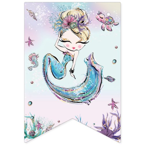 Whimsical Blonde Mermaid Birthday Under the Sea  Bunting Flags