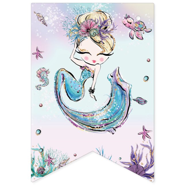 Whimsical Blonde Mermaid Birthday Under the Sea  Bunting Flags (First Flag)