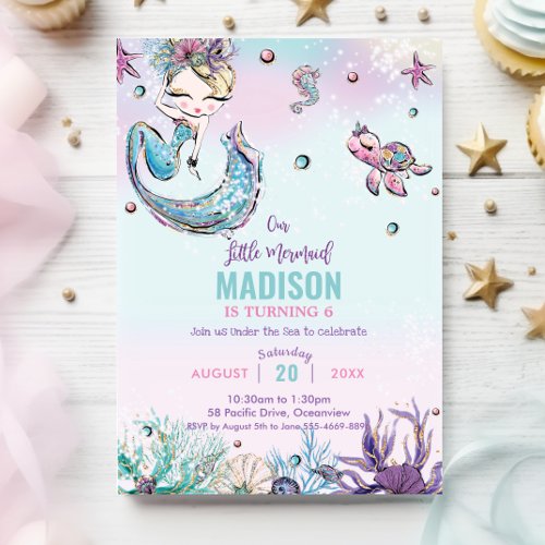 Whimsical Blonde Mermaid Under the Sea Birthday Invitation