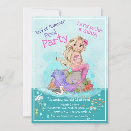 Whimsical Blonde Pink Mermaid Summer Pool Party Invitation
