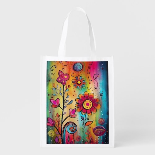 Whimsical Blooms Bright Floral Patterns  Grocery Bag
