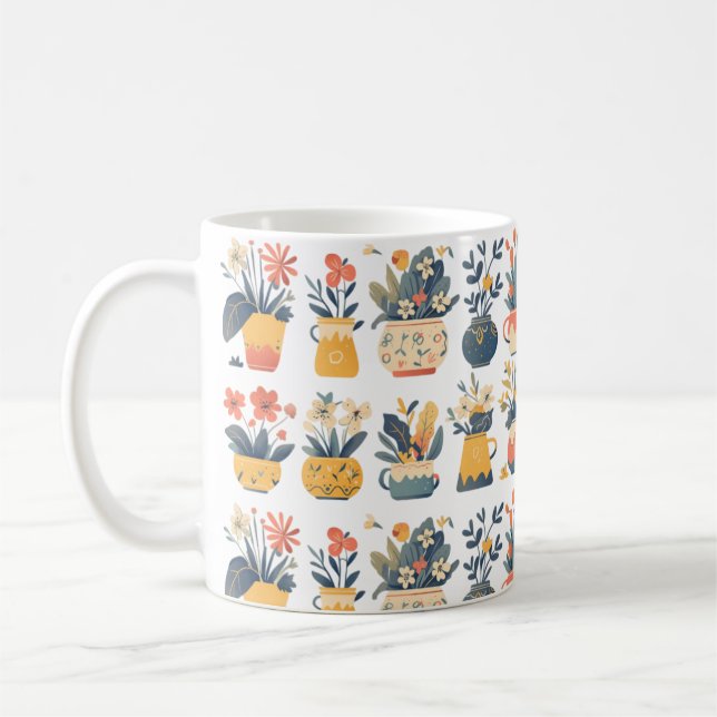 Whimsical Blooms in Vibrant Pots Coffee Mug (Left)