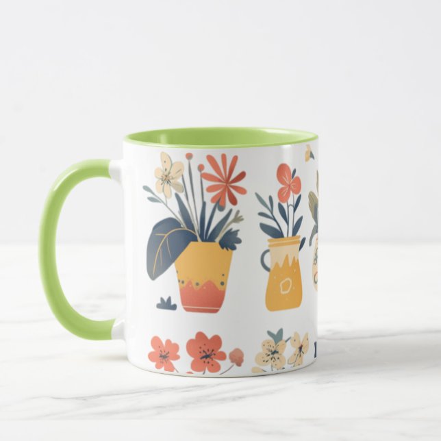 Whimsical Blooms in Vibrant Pots Mug (Left)