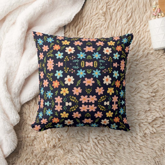 Whimsical Blossoms on Midnight Blackground Throw Pillow (Blanket)